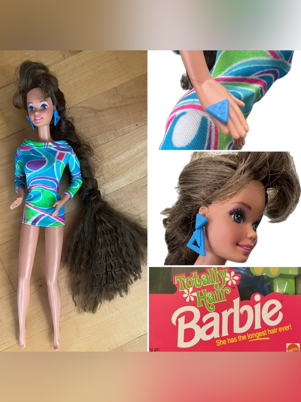 🪮1991 Totally Hair Barbie Brunette Teresa Mattel #1117 Original Dress & Jewelry